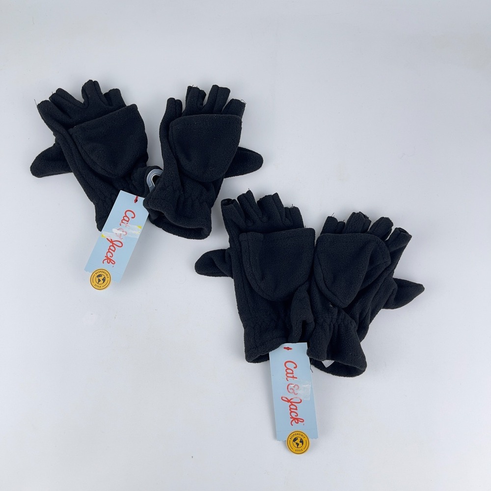 Pair of 2 Cat & Jack Flip Mitten Glove Kids Size 4-7 Black Fleece Fingerless